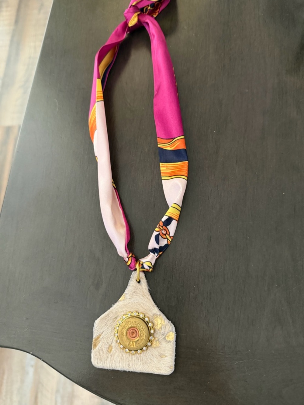 Fuchsia and Pastel Silk Scarf Necklace with Cow Hair Pendant
